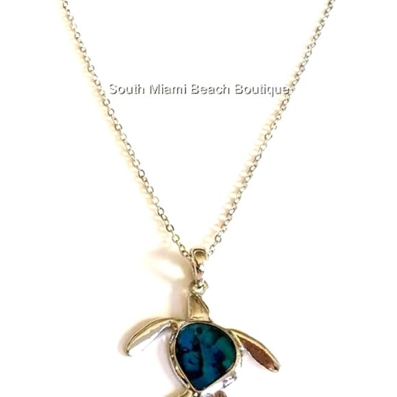 Blue Abalone Shell Sea Turtle Necklace Nautical Island Surfer Silver Plated - Picture 5 of 10
